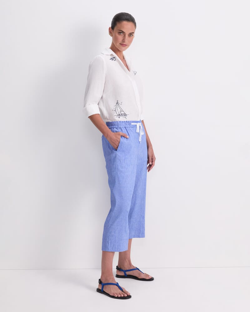 Rosa Crop Linen Pant in CERULEAN