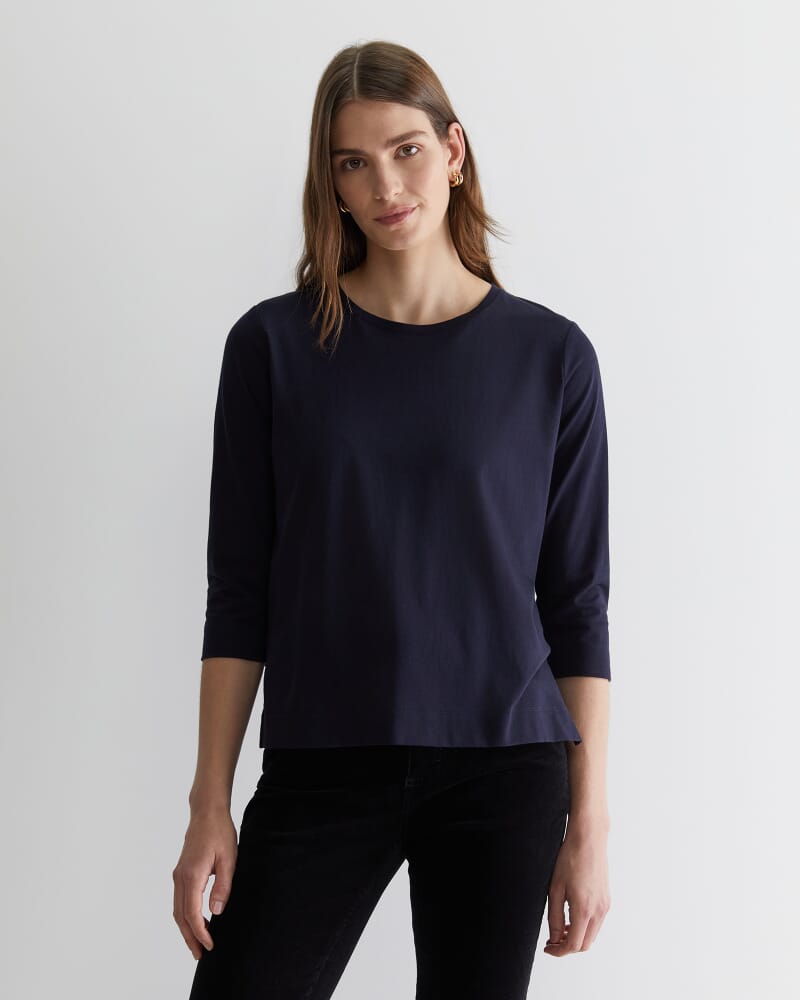 Cotton Crew 3 Quarter Sleeve T-Shirt in NAVY