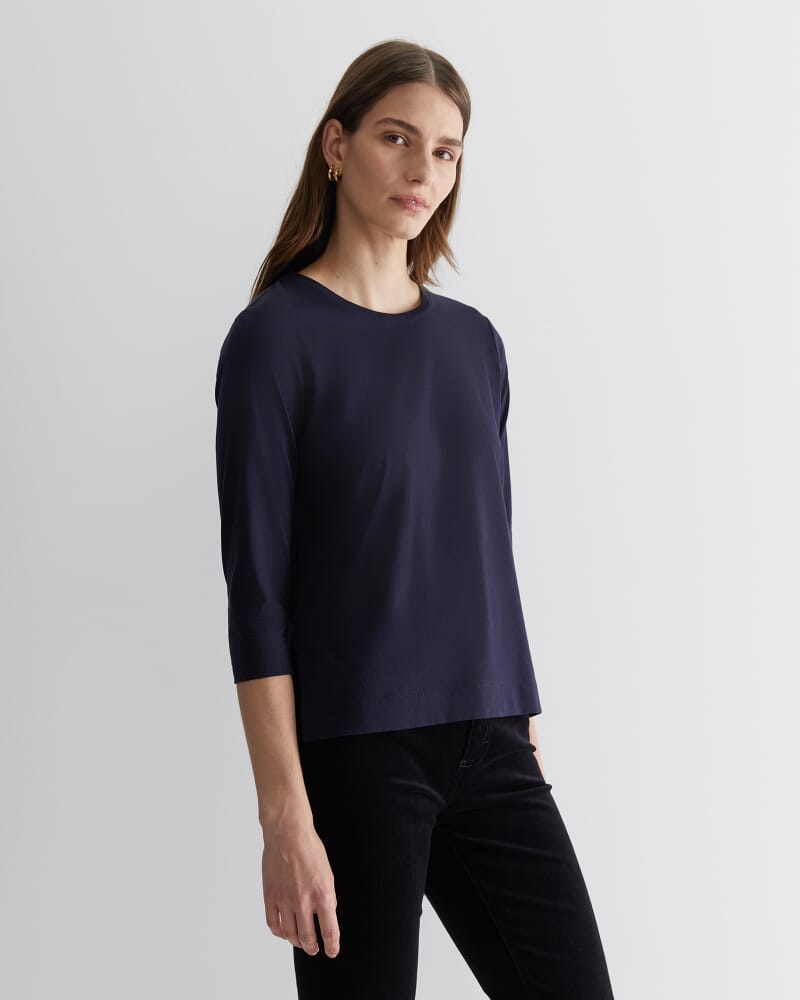 Cotton Crew 3 Quarter Sleeve T-Shirt in NAVY