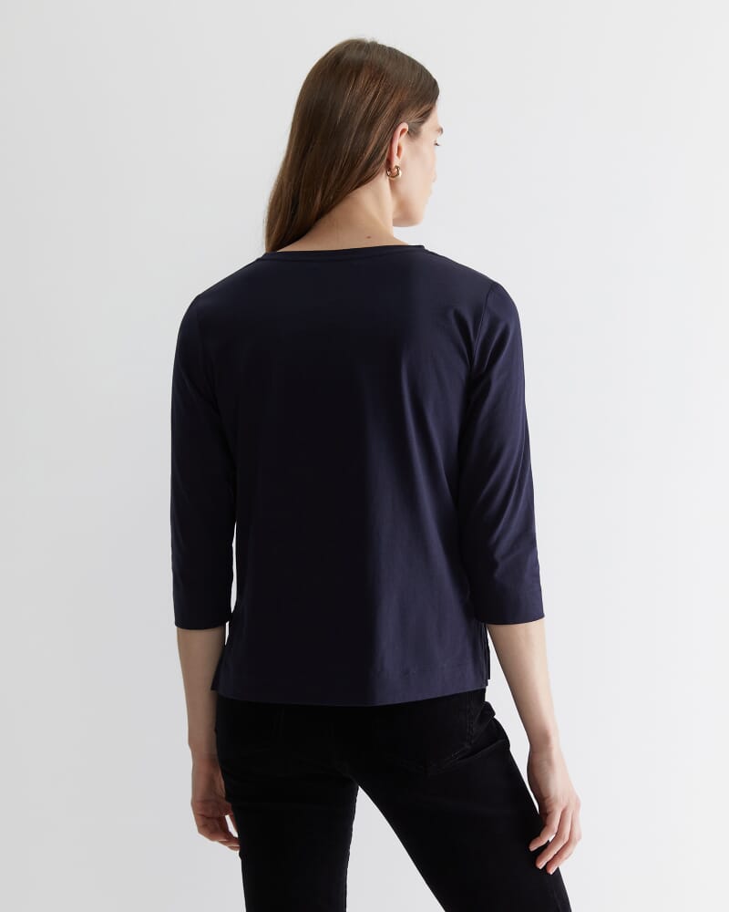 Cotton Crew 3 Quarter Sleeve T-Shirt in NAVY