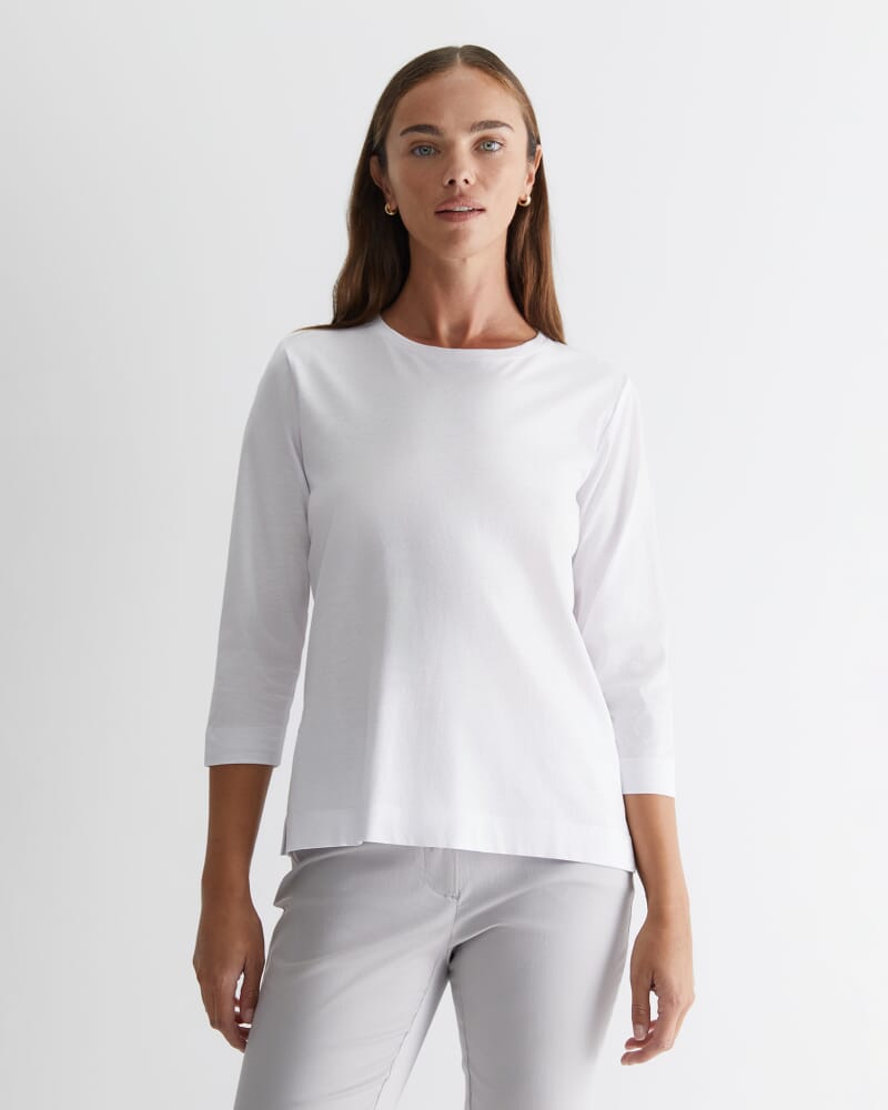 Cotton Crew 3 Quarter Sleeve T-Shirt in WHITE