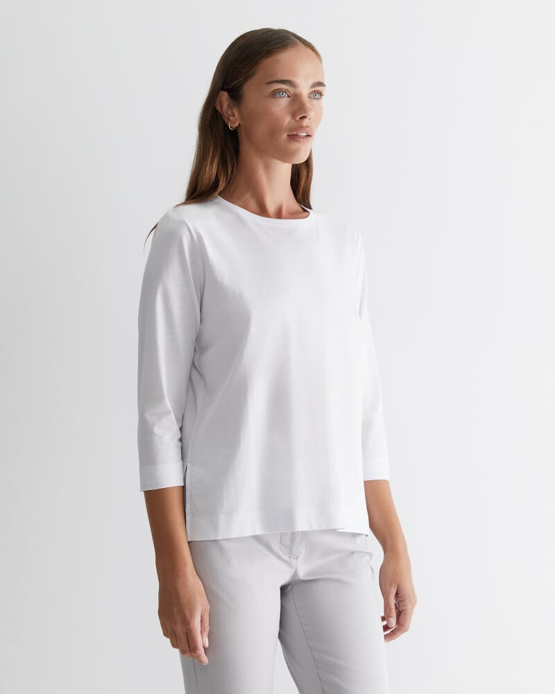 Cotton Crew 3 Quarter Sleeve T-Shirt in WHITE