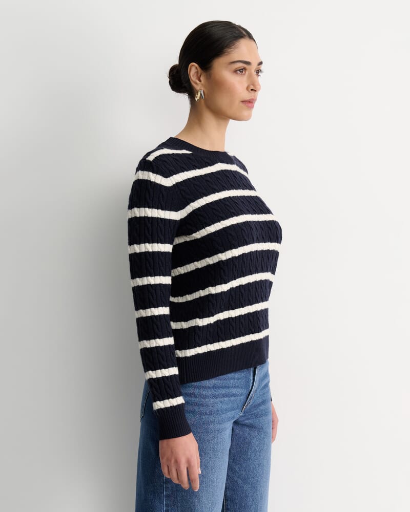 Merino Wool Baby Cable Sweater in NAVY/WHITE