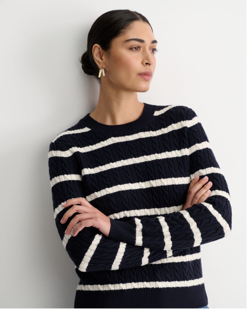 Merino Wool Baby Cable Sweater in NAVY/WHITE