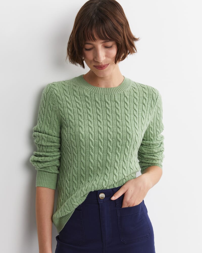 Merino Wool Baby Cable Sweater in PESTO