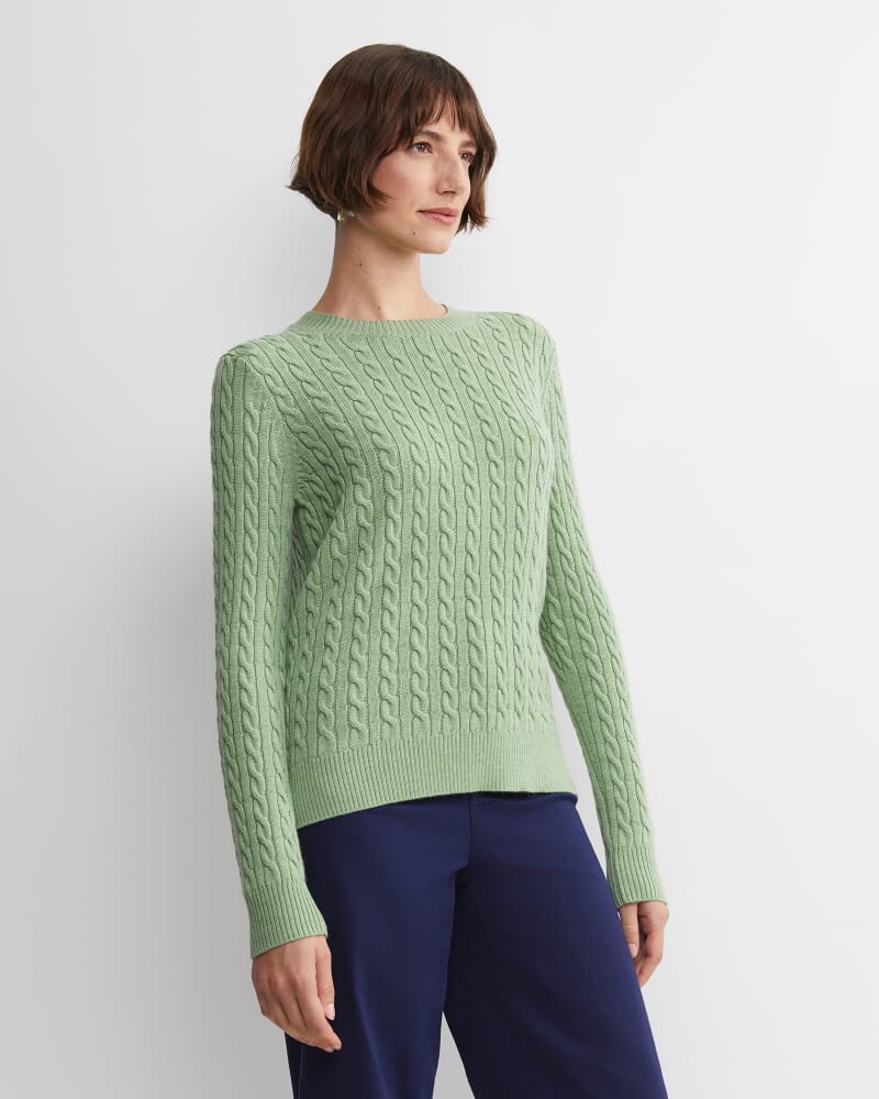Merino Wool Baby Cable Sweater in PESTO