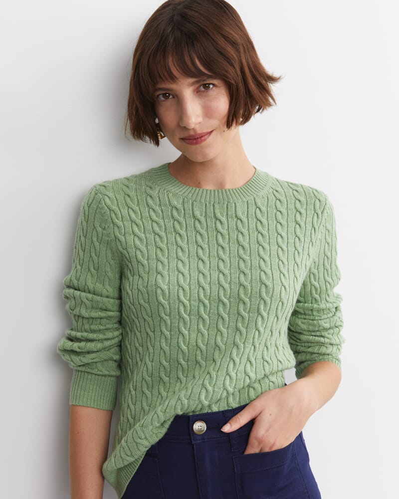 Merino Wool Baby Cable Sweater in PESTO