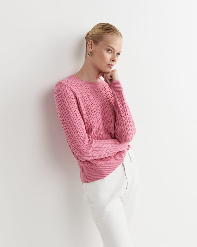 Merino Wool Baby Cable Sweater in ROSEBERRY