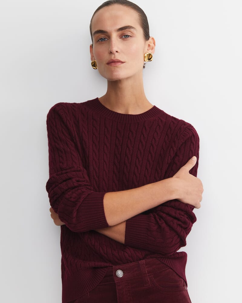 Merino Wool Baby Cable Sweater in WINE