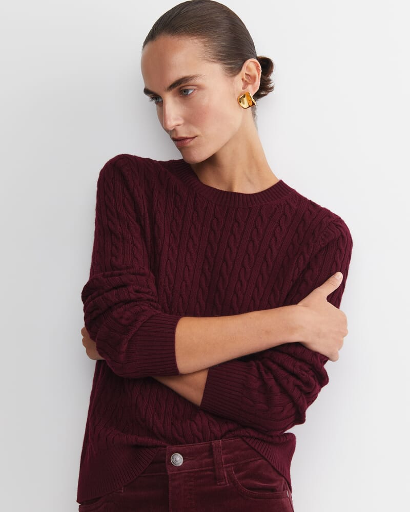 Merino Wool Baby Cable Sweater in WINE