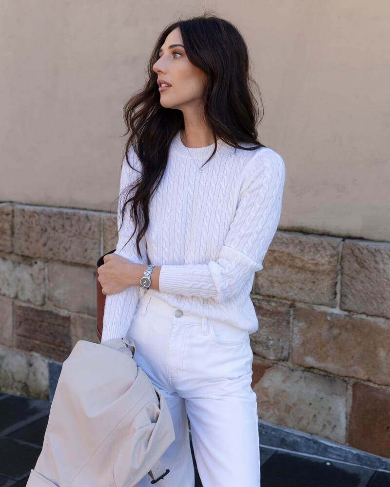 Merino Wool Baby Cable Sweater in WINTER WHITE