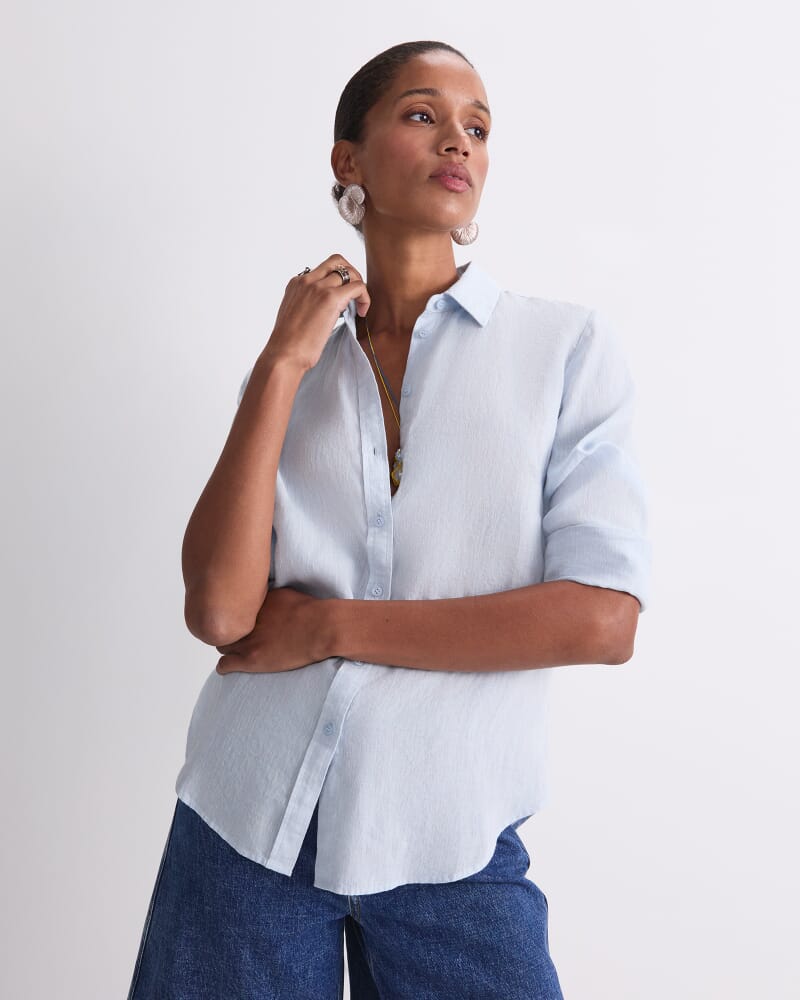 Dahlia Long Sleeve Linen Shirt in BLUE MIST