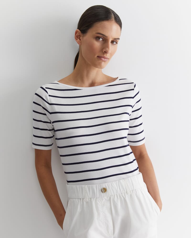 Heidi Boat Neck Half Sleeve Tee in WHITE/NAVY