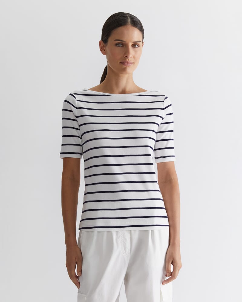 Heidi Boat Neck Half Sleeve Tee in WHITE/NAVY