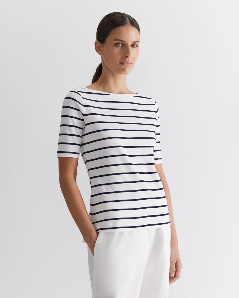 Heidi Boat Neck Half Sleeve Tee in WHITE/NAVY