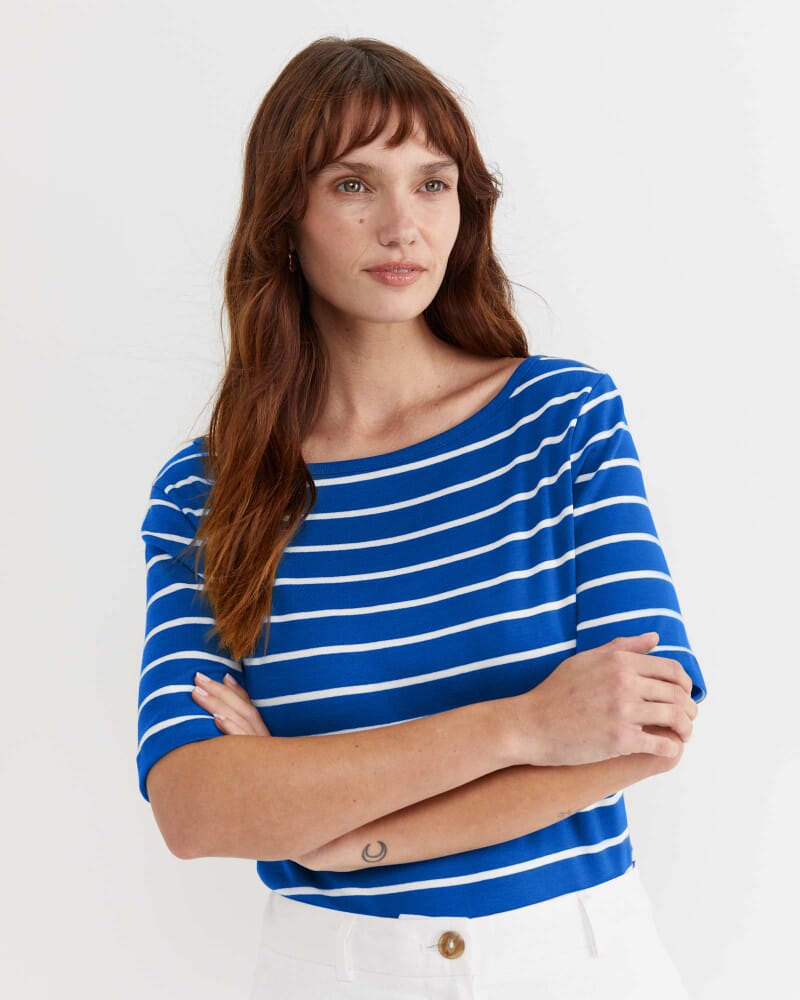 Heidi Boat Neck Half Sleeve Tee in BLUE/WHITE
