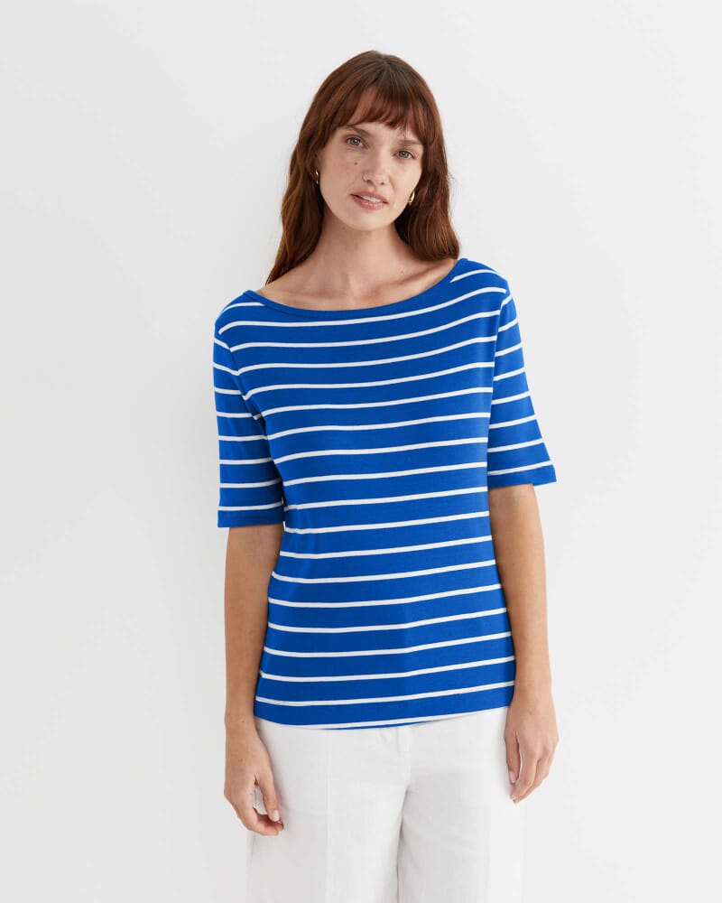 Heidi Boat Neck Half Sleeve Tee in BLUE/WHITE