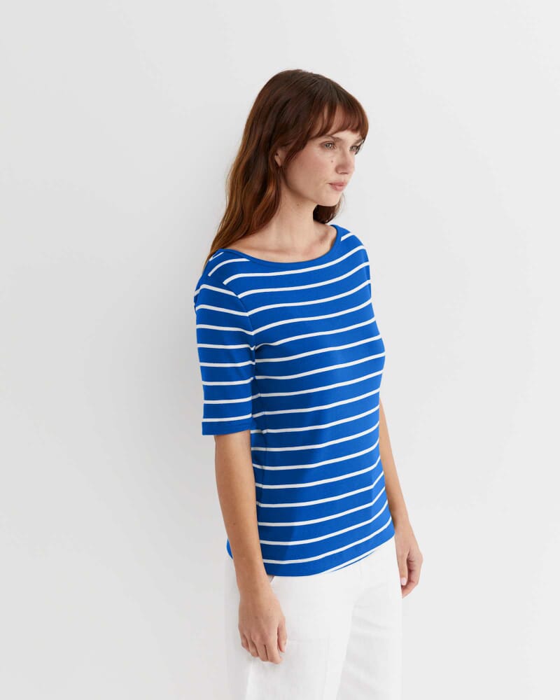 Heidi Boat Neck Half Sleeve Tee in BLUE/WHITE