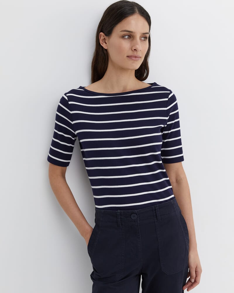 Heidi Boat Neck Half Sleeve Tee in NAVY/WHITE