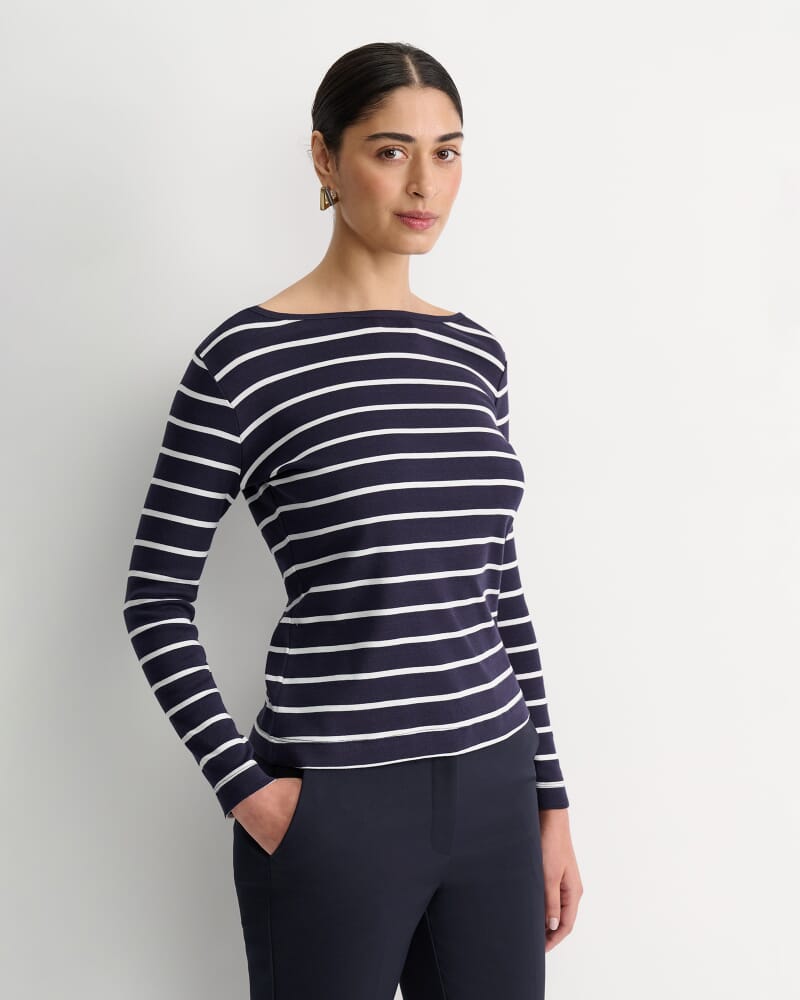 Heidi Long Sleeve Rib Tee in NAVY/WHITE