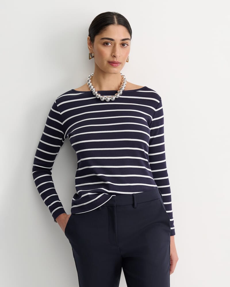 Heidi Long Sleeve Rib Tee in NAVY/WHITE