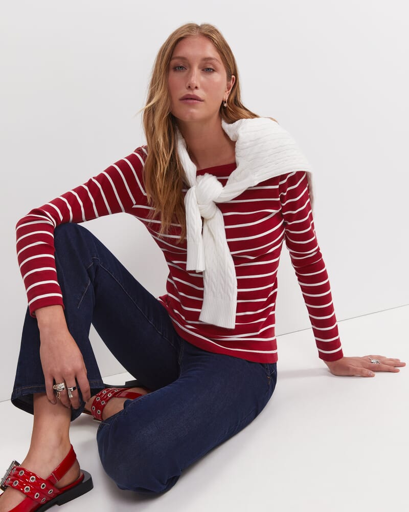 Heidi Long Sleeve Rib Tee in RED/WHITE