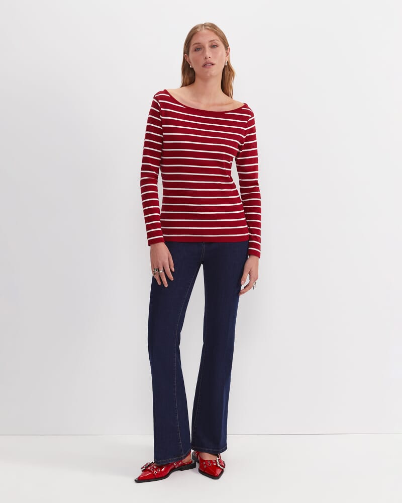Heidi Long Sleeve Rib Tee in RED/WHITE