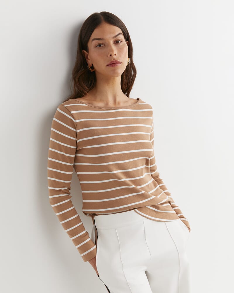 Heidi Long Sleeve Rib Tee in TAN/WHITE