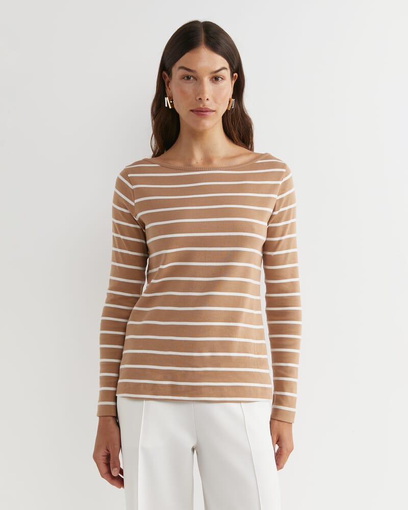 Heidi Long Sleeve Rib Tee in TAN/WHITE