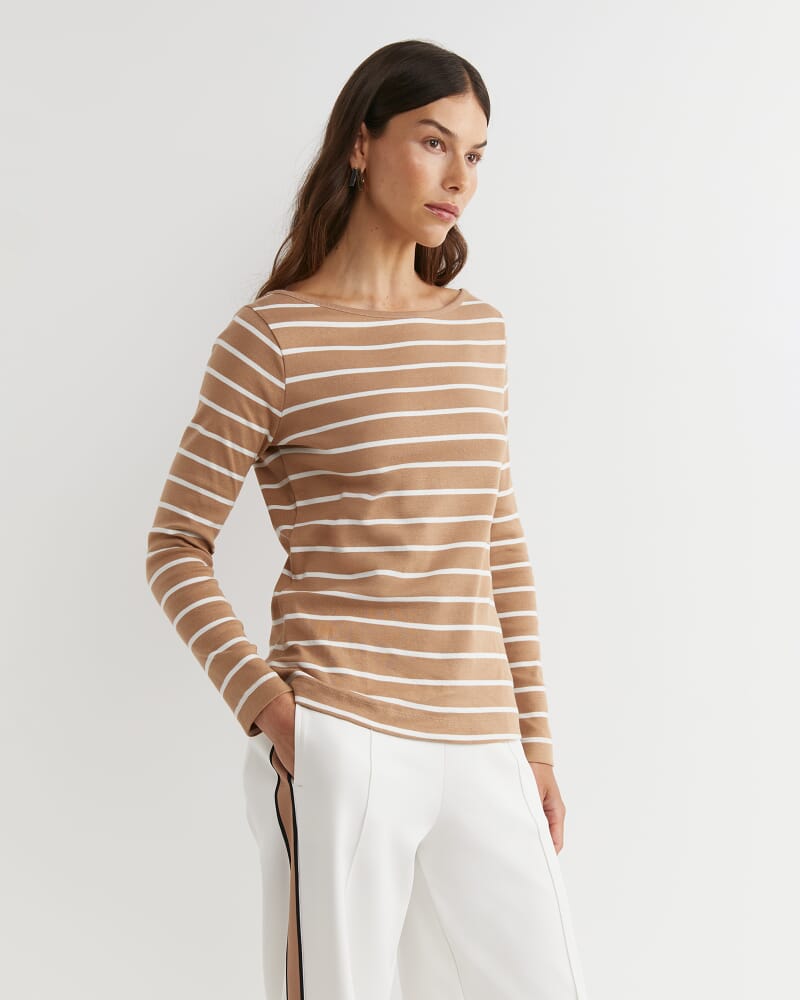 Heidi Long Sleeve Rib Tee in TAN/WHITE