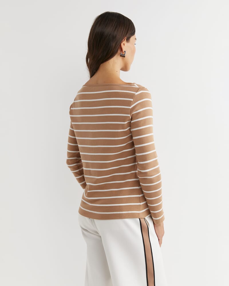 Heidi Long Sleeve Rib Tee in TAN/WHITE