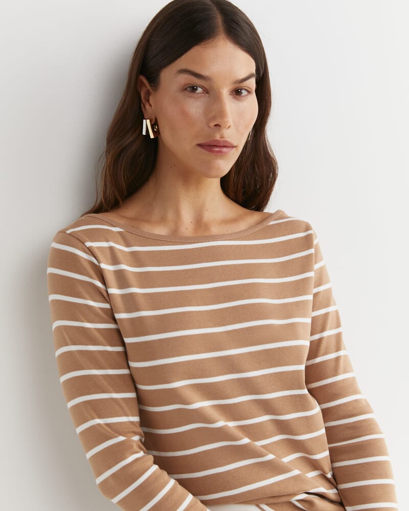 Heidi Long Sleeve Rib Tee in TAN/WHITE