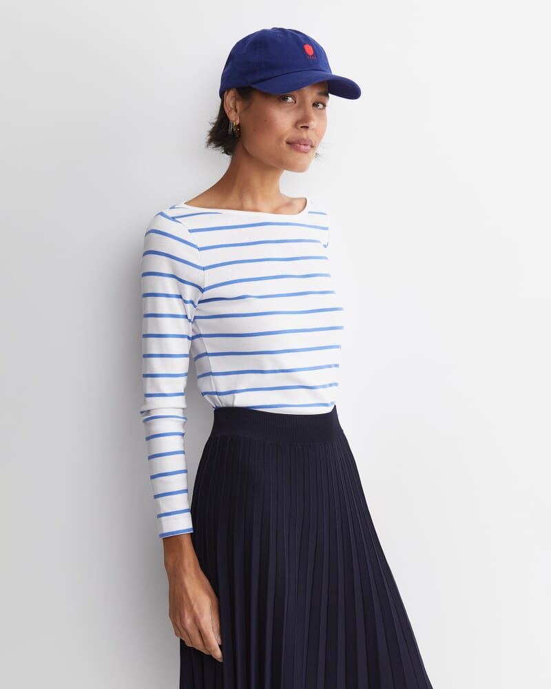 Heidi Long Sleeve Rib Tee in WHITE/BLUE