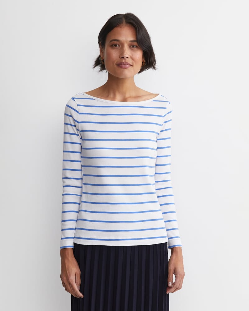 Heidi Long Sleeve Rib Tee in WHITE/BLUE