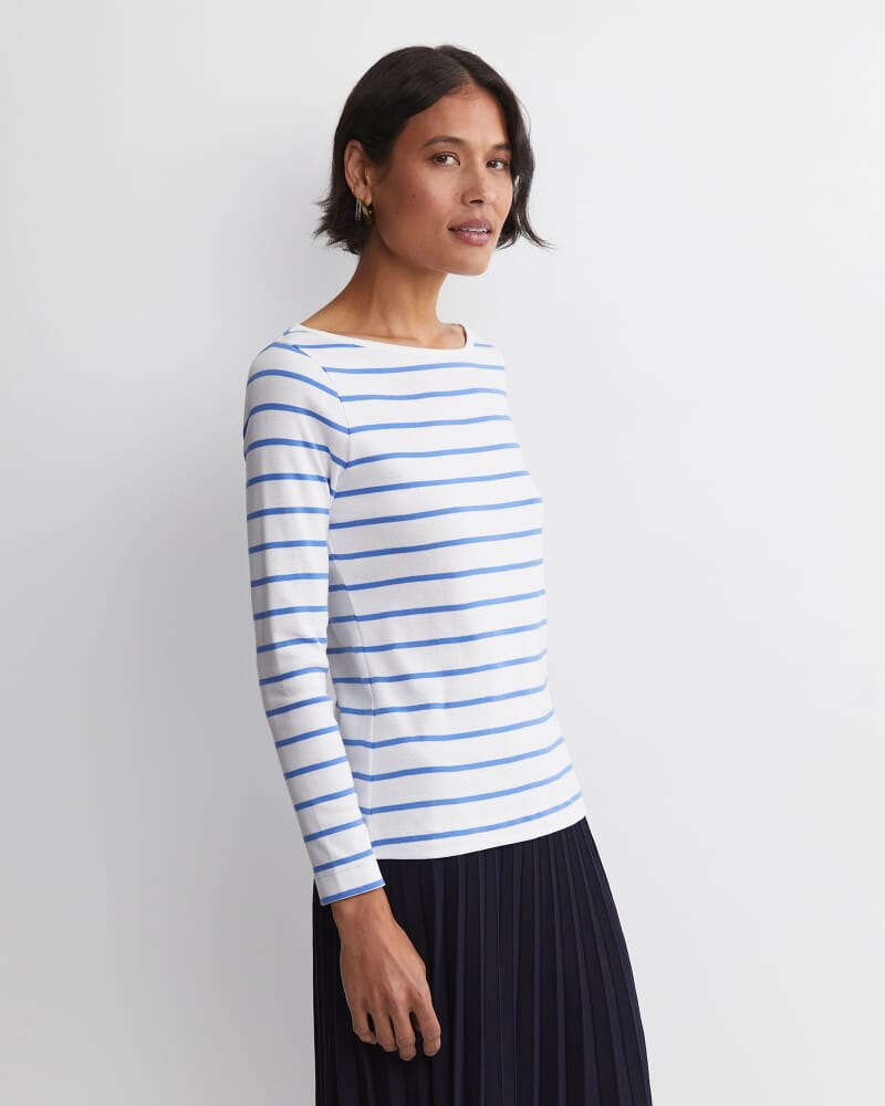 Heidi Long Sleeve Rib Tee in WHITE/BLUE