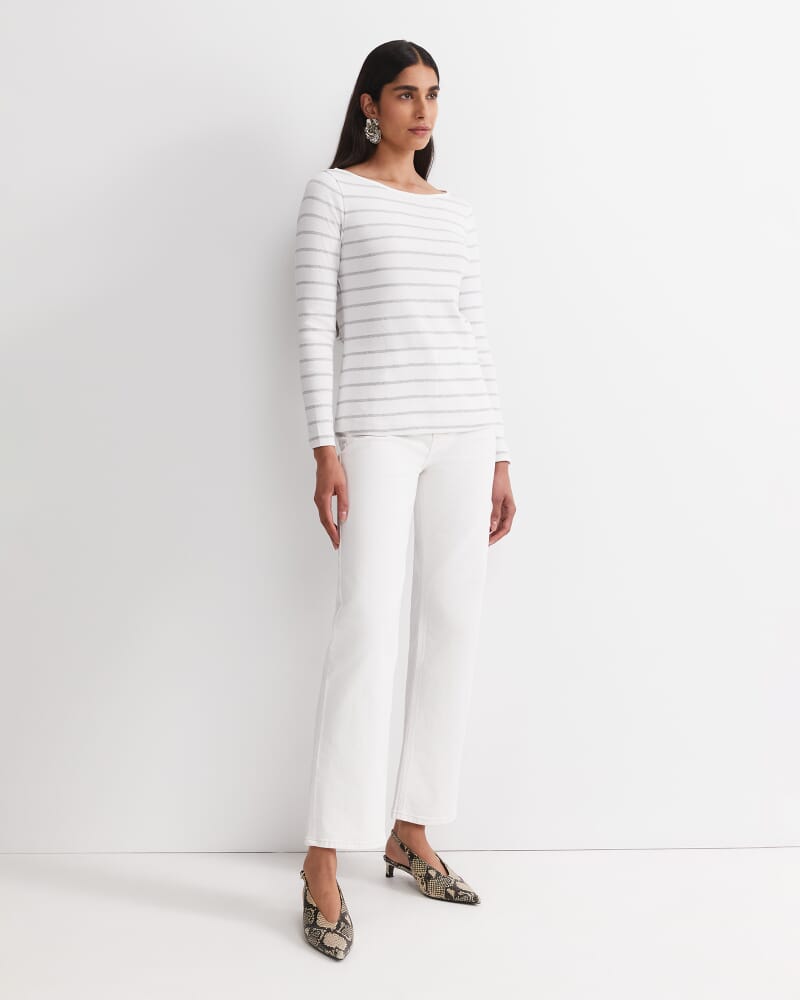 Heidi Long Sleeve Rib Tee in WHITE/GREY MELANGE
