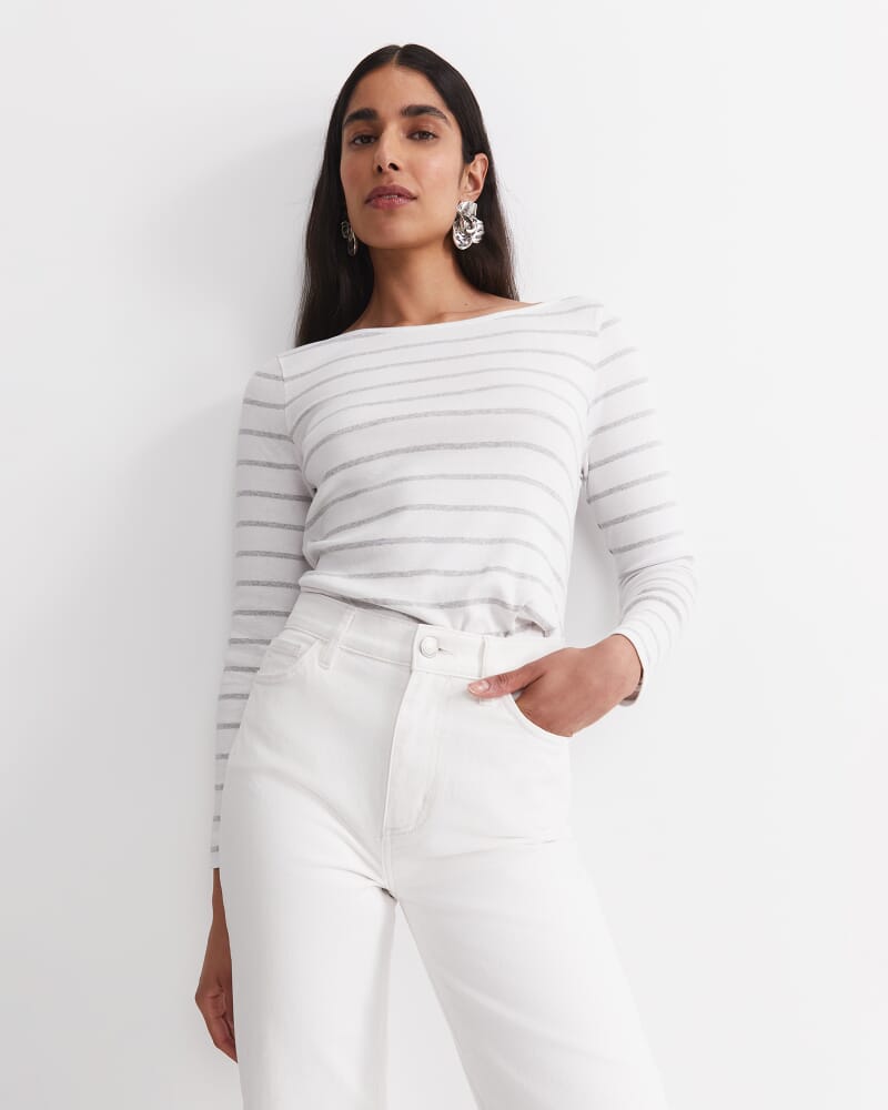 Heidi Long Sleeve Rib Tee in WHITE/GREY MELANGE