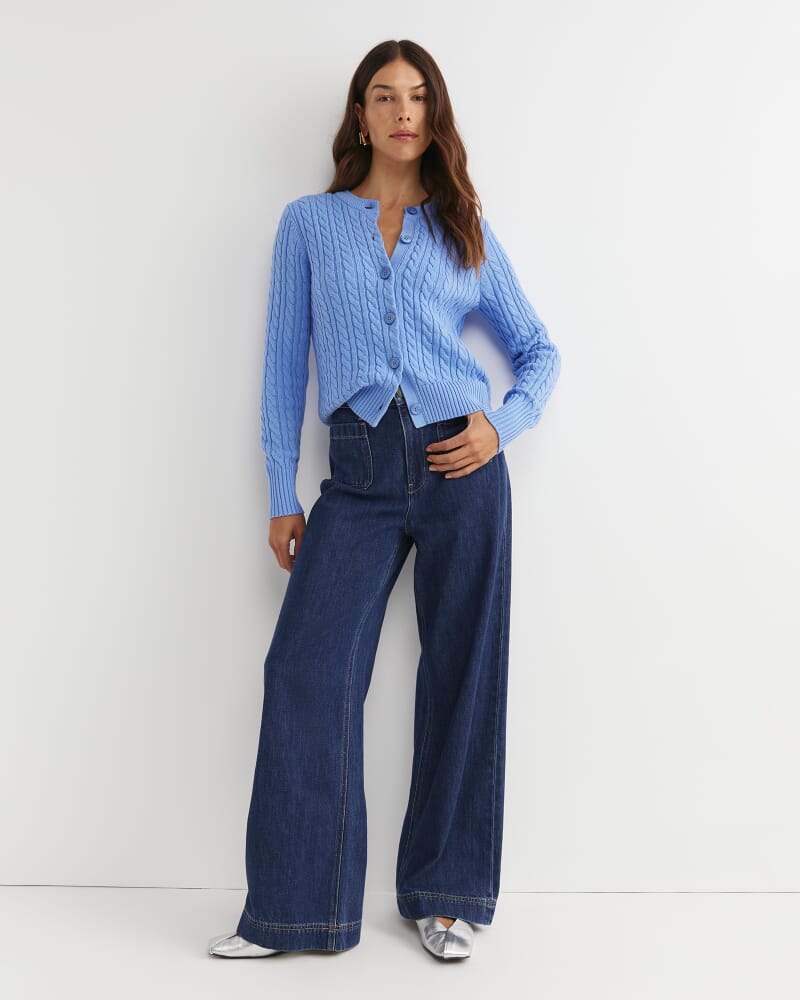 Cable Merino Cotton Cardigan in BELLE BLUE