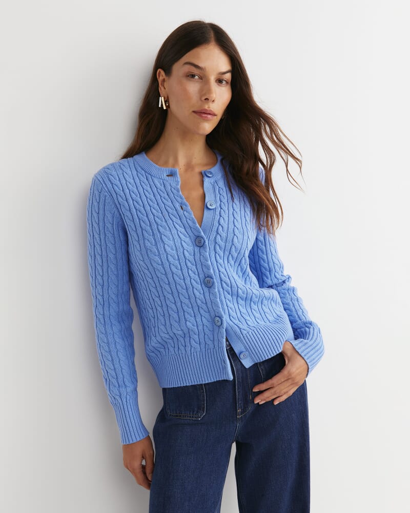 Cable Merino Cotton Cardigan in BELLE BLUE