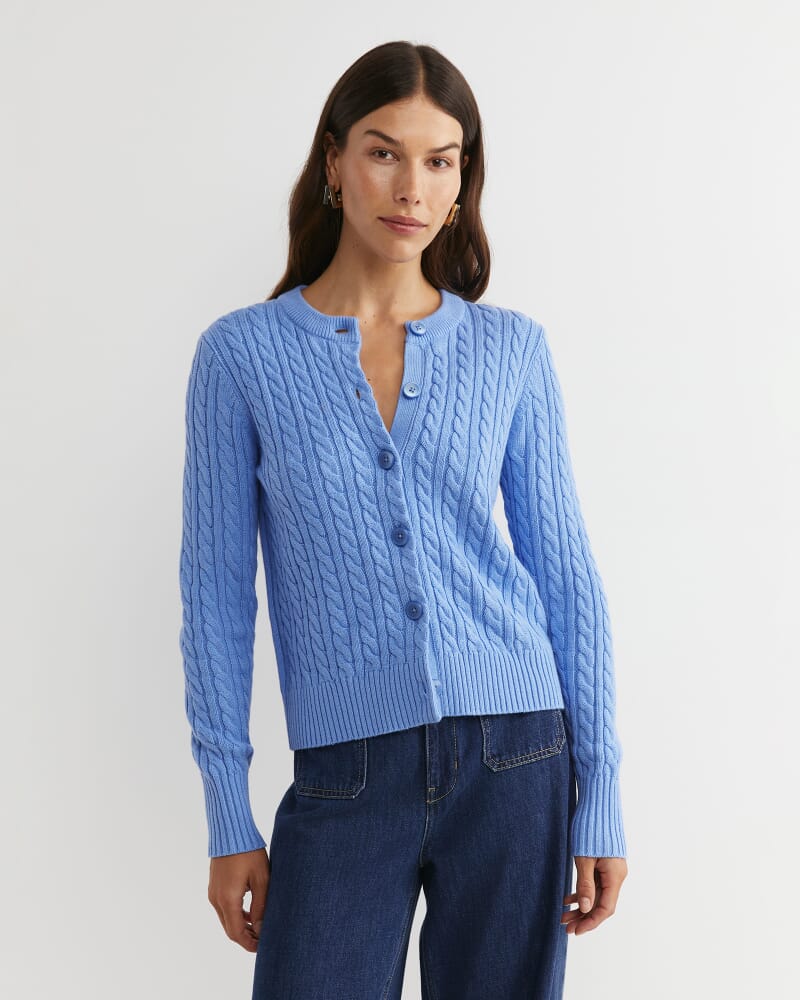 Cable Merino Cotton Cardigan in BELLE BLUE