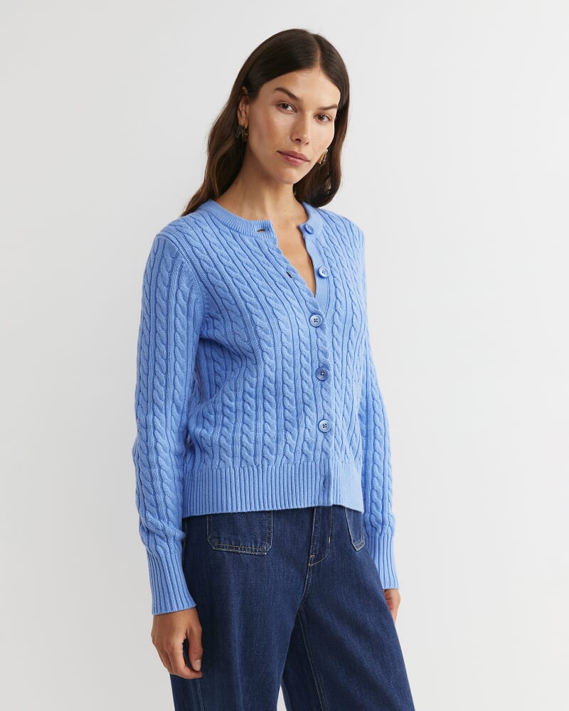 Cable Merino Cotton Cardigan in BELLE BLUE