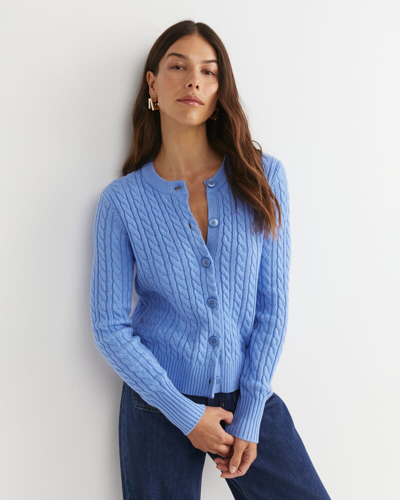 Cable Merino Cotton Cardigan in BELLE BLUE