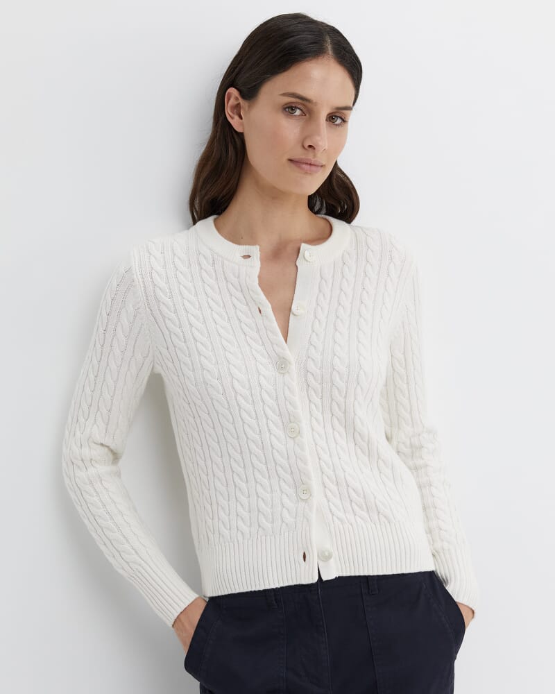 Cable Merino Cotton Cardigan in MILK