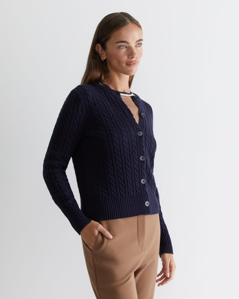 Cable Merino Cotton Cardigan in NAVY