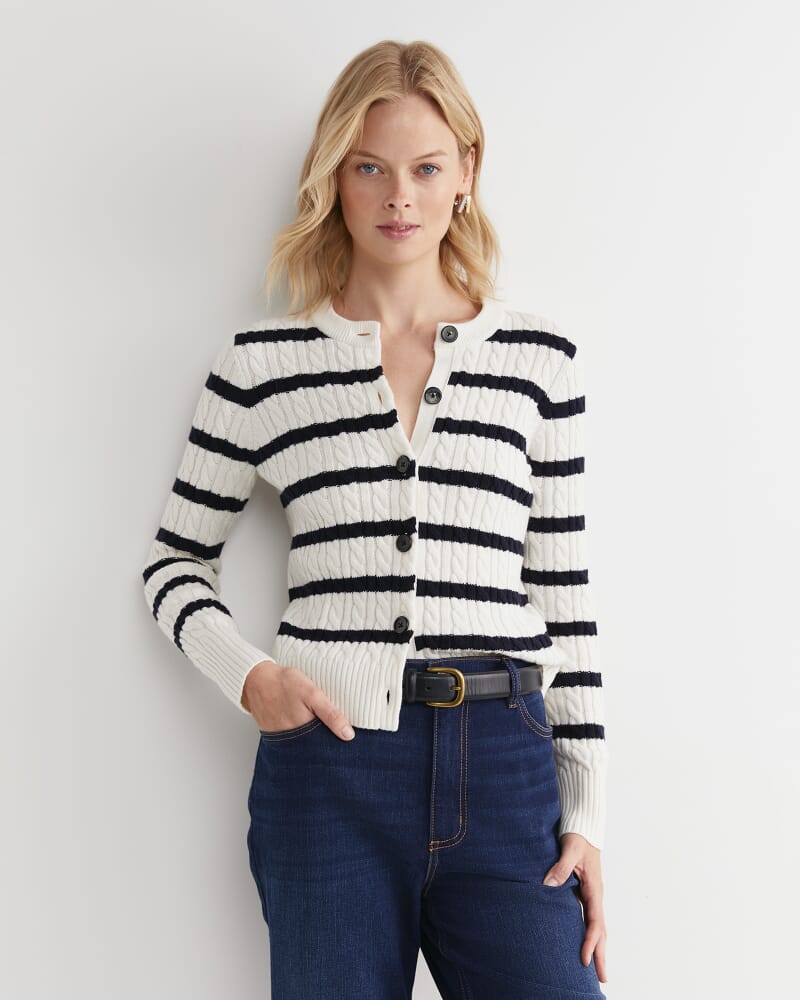 Cable Merino Cotton Cardigan in WHITE/NAVY