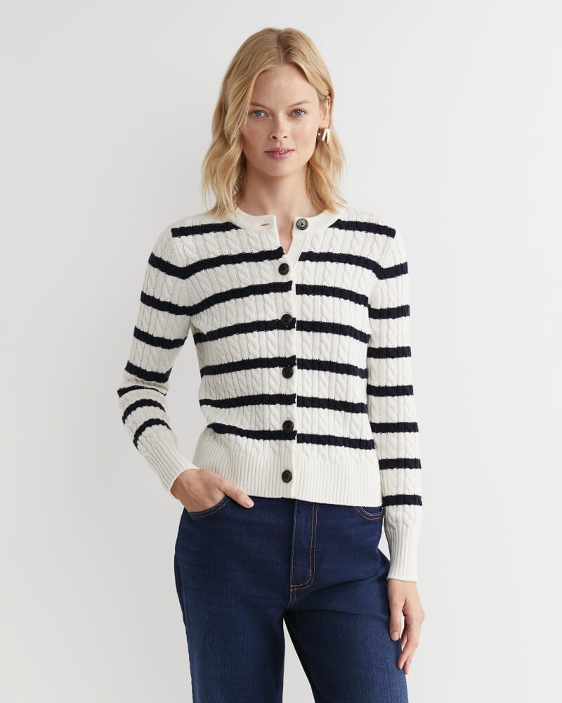 Cable Merino Cotton Cardigan in WHITE/NAVY