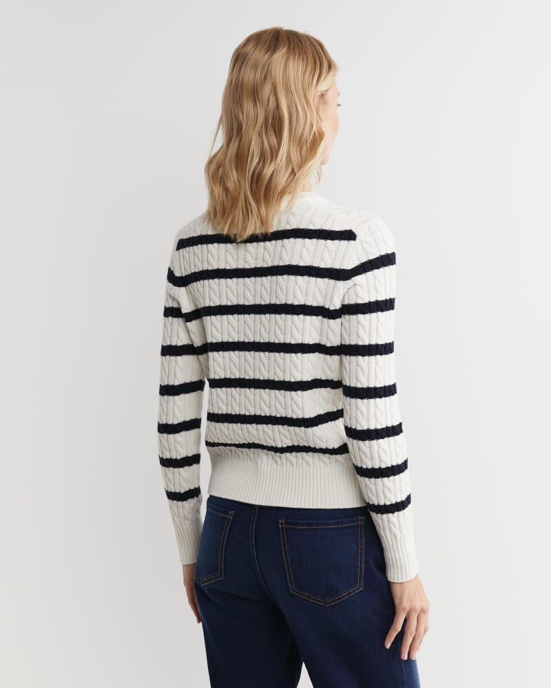 Cable Merino Cotton Cardigan in WHITE/NAVY
