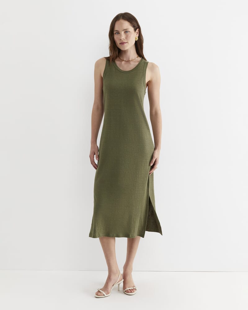 Tonia Linen Tank Midi Dress in KHAKI