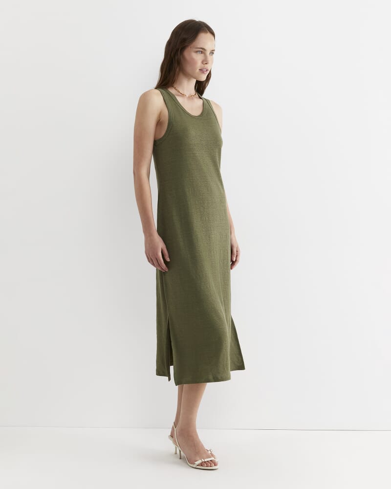 Tonia Linen Tank Midi Dress in KHAKI