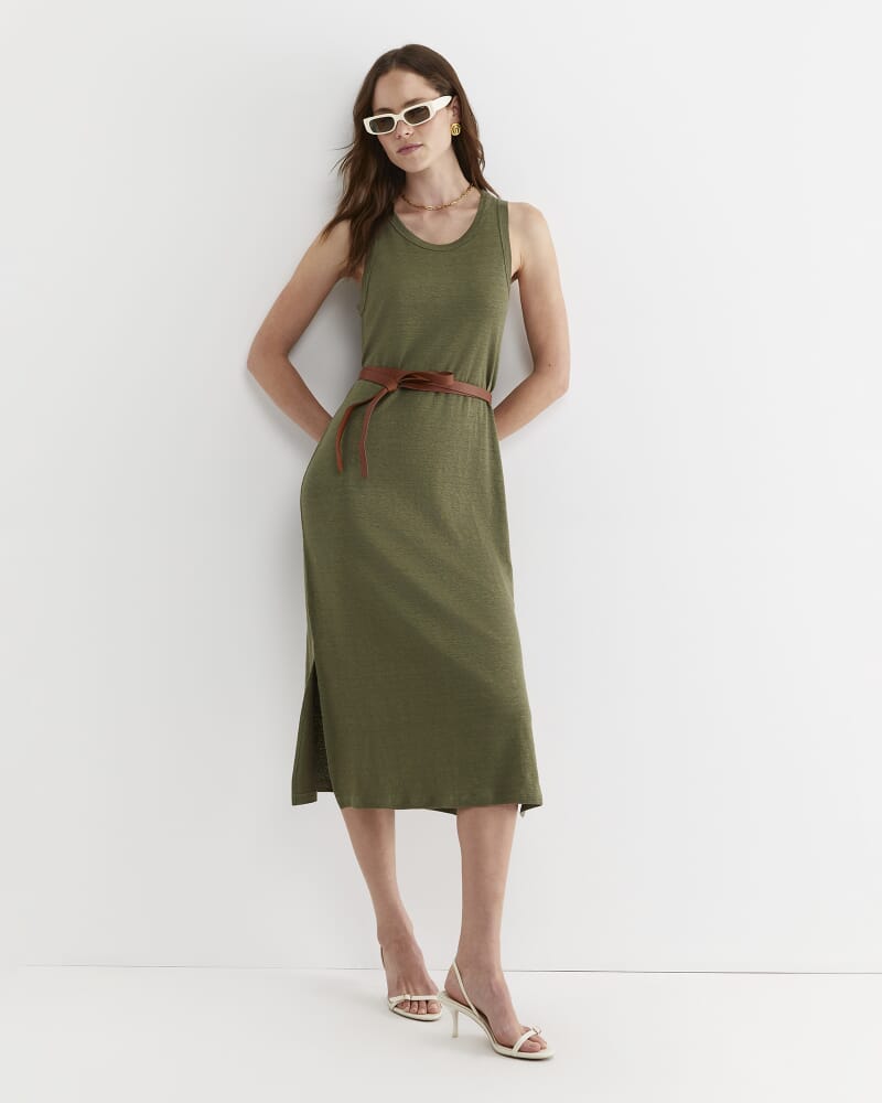 Tonia Linen Tank Midi Dress in KHAKI